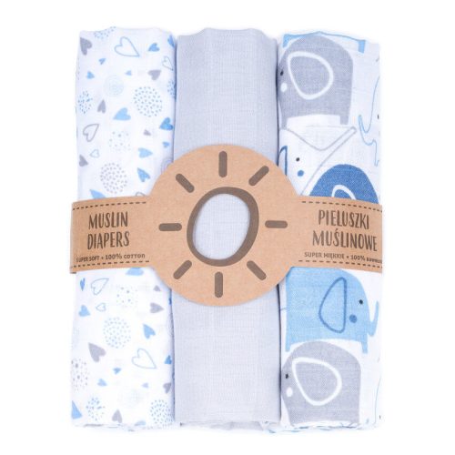  Dreamy muszlin textil pelenkacsomag - Kék elefánt és szívecskék