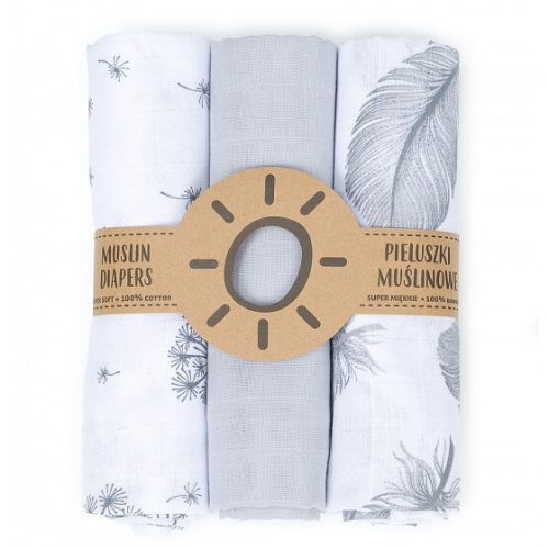  Dreamy muszlin textil pelenkacsomag - Szürke tollas variáció