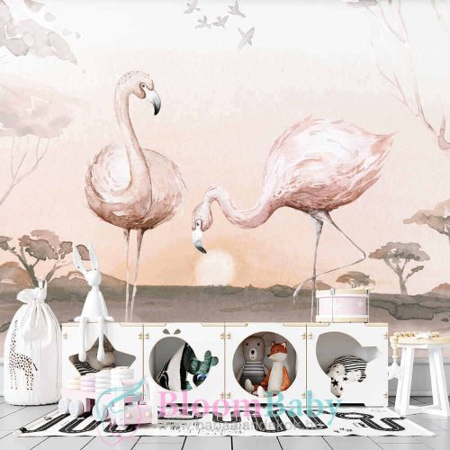 Gyerekszoba dzsungel tapéta panel - Flamingók