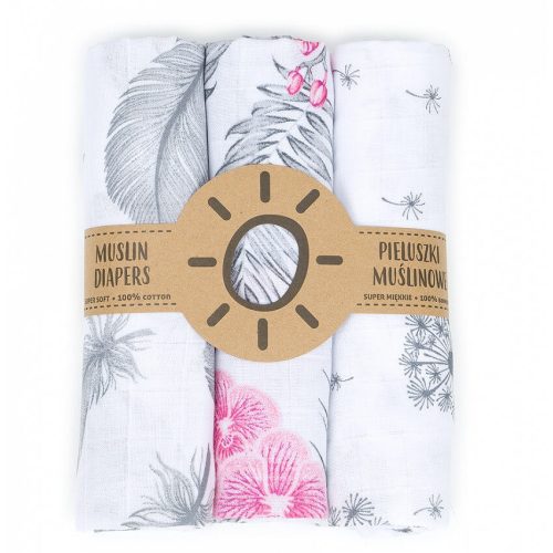  Dreamy muszlin textil pelenkacsomag - Szürke tollas és virágos variáció